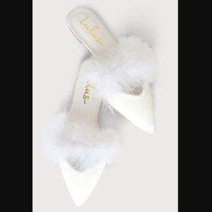 Fazana White Satin Feather Pointed-Toe Mule Slides